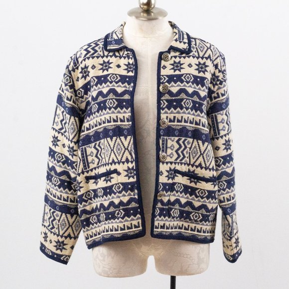 Vintage M Cotton Southwestern Sweater Jacket Blue - Picture 7 of 10